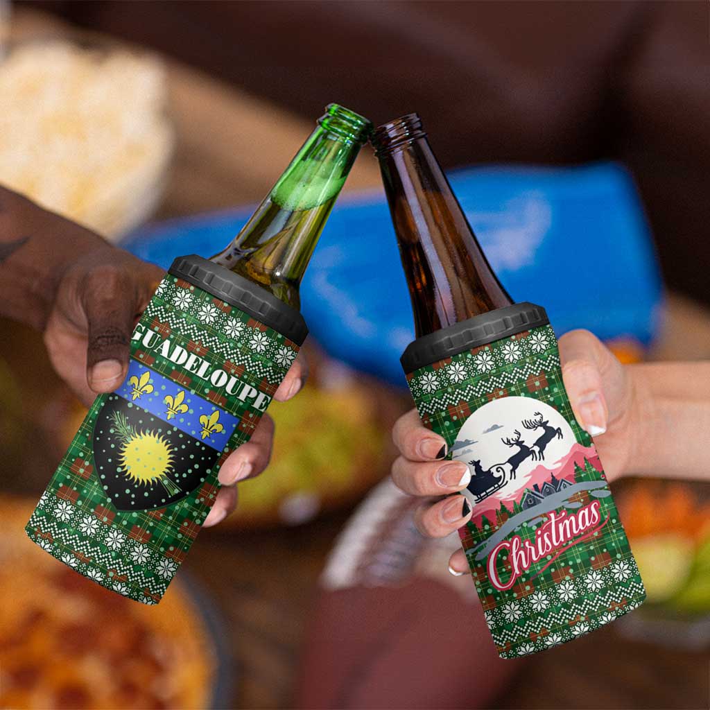 Guadeloupe Christmas 4 in 1 Can Cooler Tumbler with Green-Red Plaid Design, Sun and Sugarcane Emblem, and Santa Sleigh Motif - Wonder Print Shop