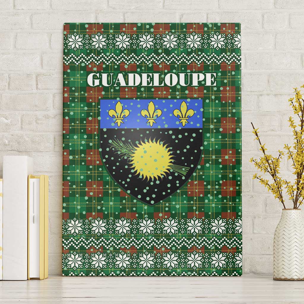 Guadeloupe Christmas Canvas Wall Art with Green-Red Plaid Design, Sun and Sugarcane Emblem, and Santa Sleigh Motif - Wonder Print Shop