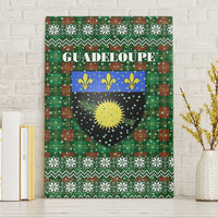 Guadeloupe Christmas Canvas Wall Art with Green-Red Plaid Design, Sun and Sugarcane Emblem, and Santa Sleigh Motif - Wonder Print Shop