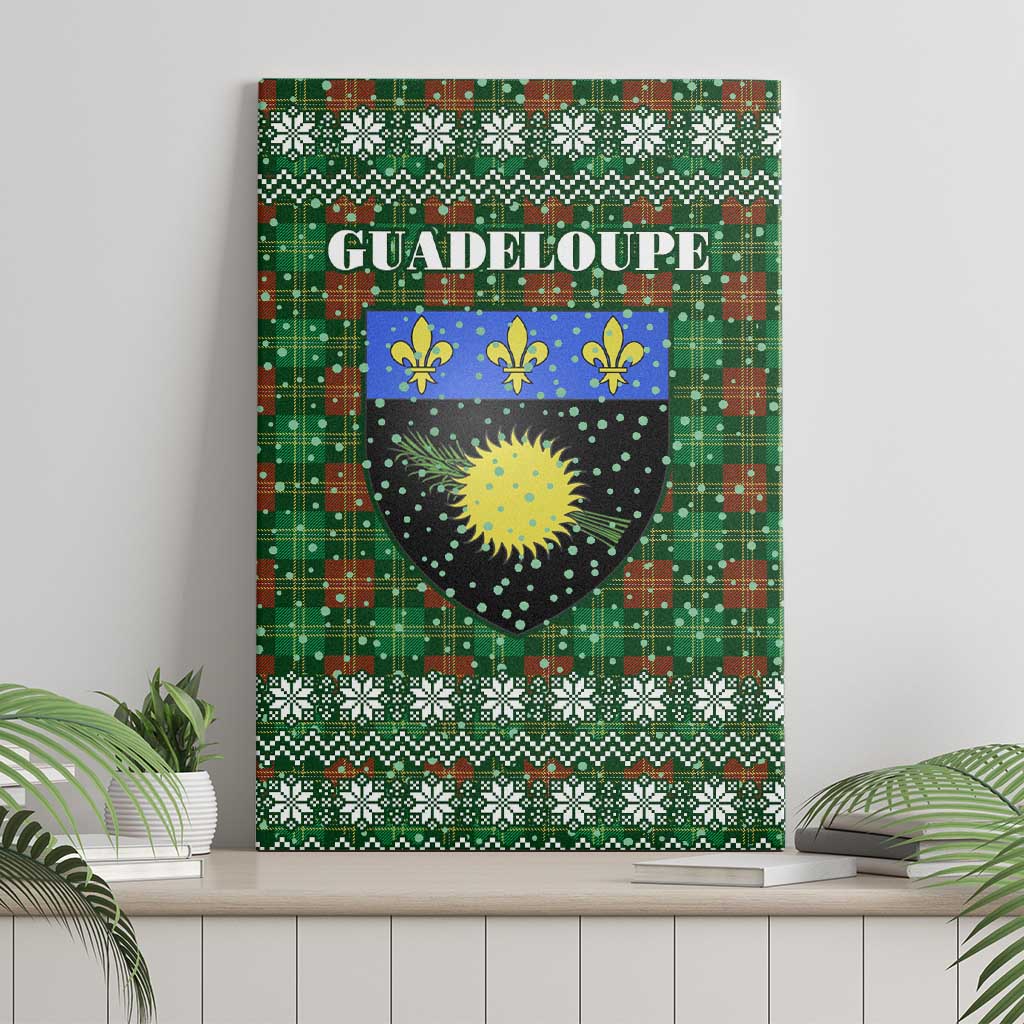 Guadeloupe Christmas Canvas Wall Art with Green-Red Plaid Design, Sun and Sugarcane Emblem, and Santa Sleigh Motif - Wonder Print Shop