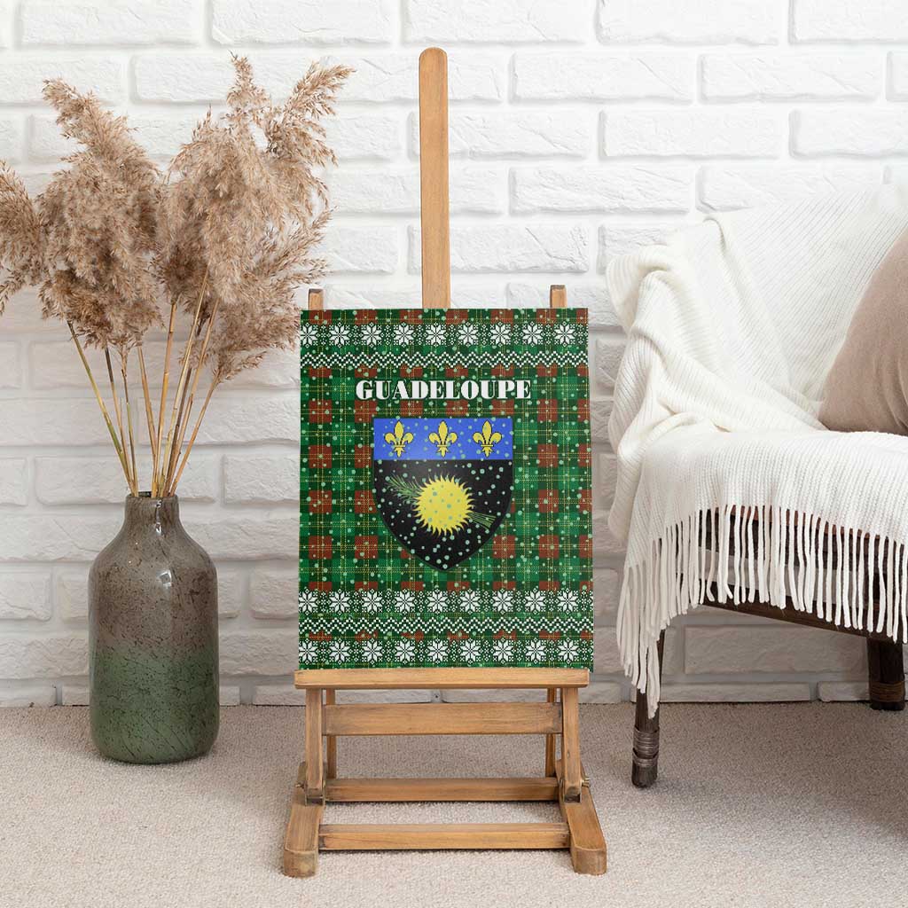 Guadeloupe Christmas Canvas Wall Art with Green-Red Plaid Design, Sun and Sugarcane Emblem, and Santa Sleigh Motif - Wonder Print Shop