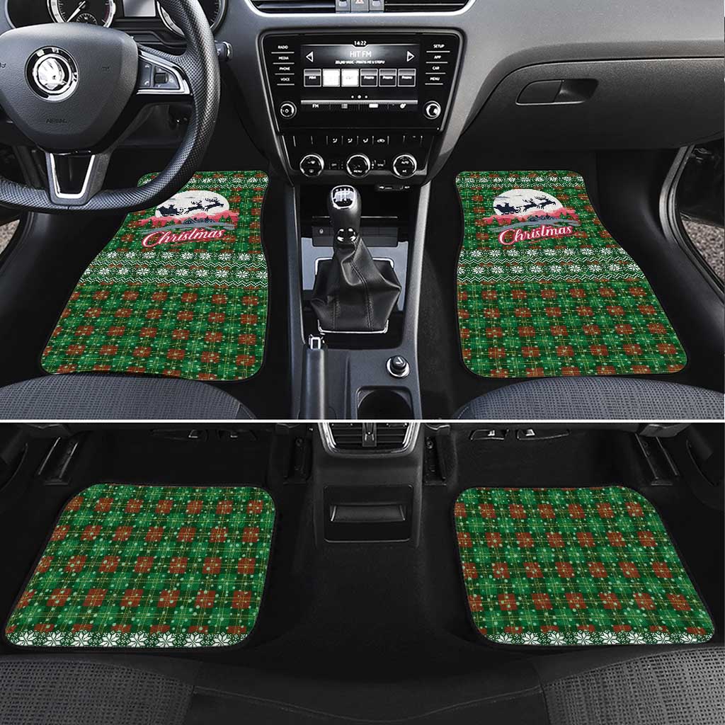 Guadeloupe Christmas Car Mats with Green-Red Plaid Design, Sun and Sugarcane Emblem, and Santa Sleigh Motif - Wonder Print Shop