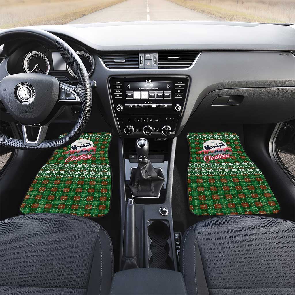 Guadeloupe Christmas Car Mats with Green-Red Plaid Design, Sun and Sugarcane Emblem, and Santa Sleigh Motif - Wonder Print Shop