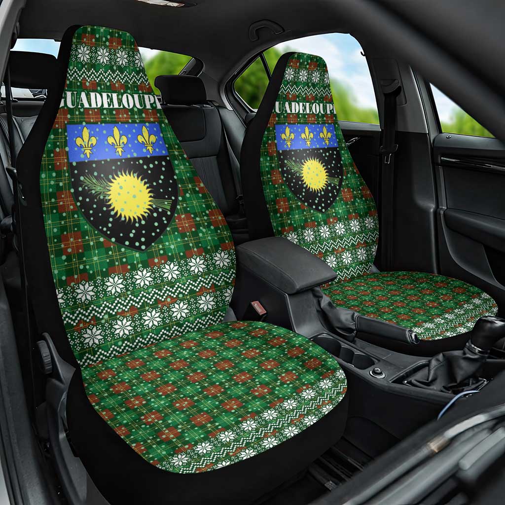 Guadeloupe Christmas Car Seat Cover with Green-Red Plaid Design, Sun and Sugarcane Emblem, and Santa Sleigh Motif - Wonder Print Shop