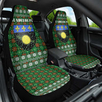 Guadeloupe Christmas Car Seat Cover with Green-Red Plaid Design, Sun and Sugarcane Emblem, and Santa Sleigh Motif - Wonder Print Shop
