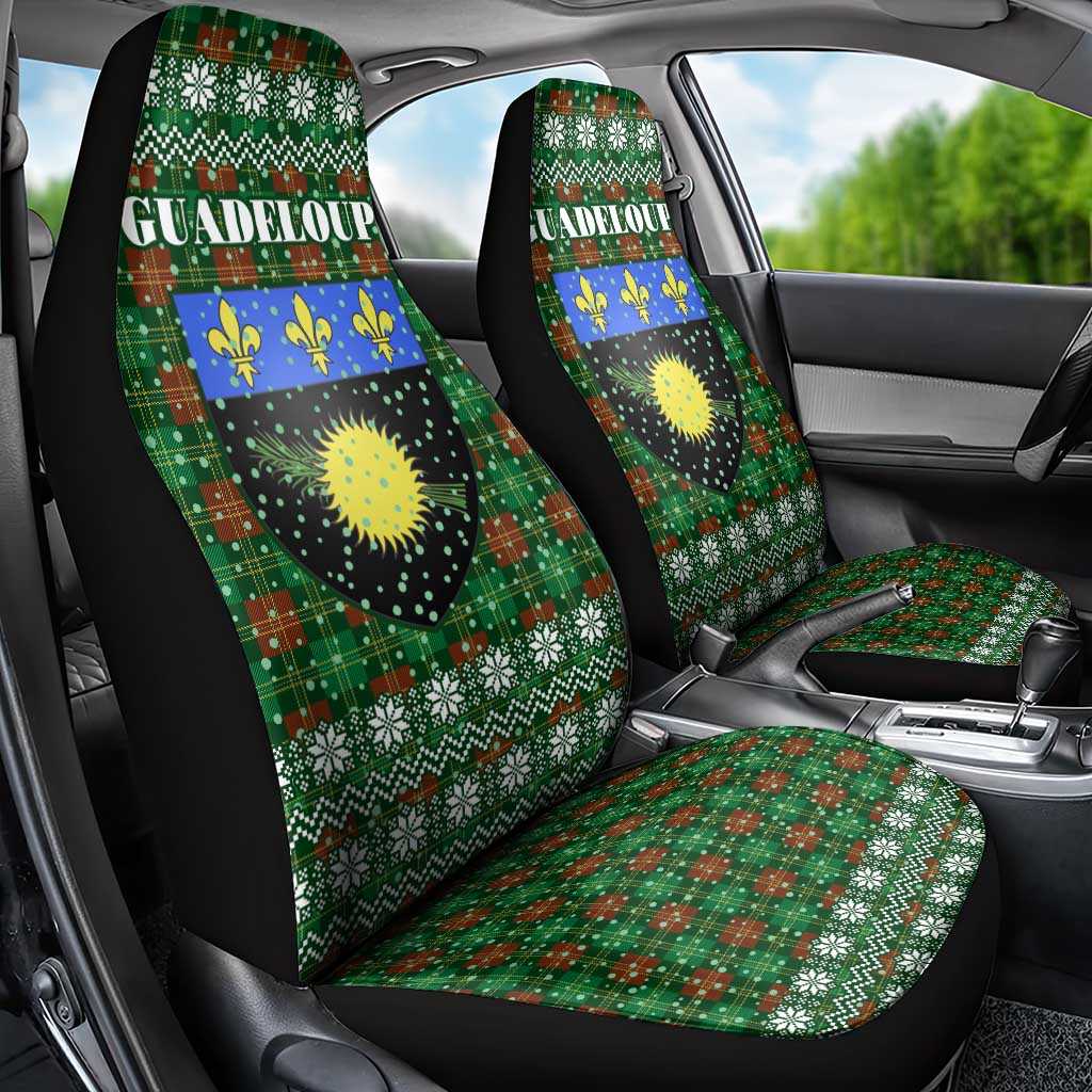 Guadeloupe Christmas Car Seat Cover with Green-Red Plaid Design, Sun and Sugarcane Emblem, and Santa Sleigh Motif - Wonder Print Shop