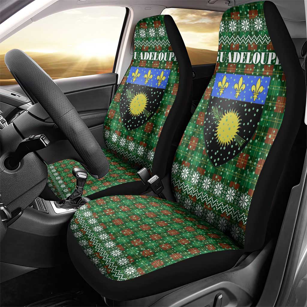 Guadeloupe Christmas Car Seat Cover with Green-Red Plaid Design, Sun and Sugarcane Emblem, and Santa Sleigh Motif - Wonder Print Shop