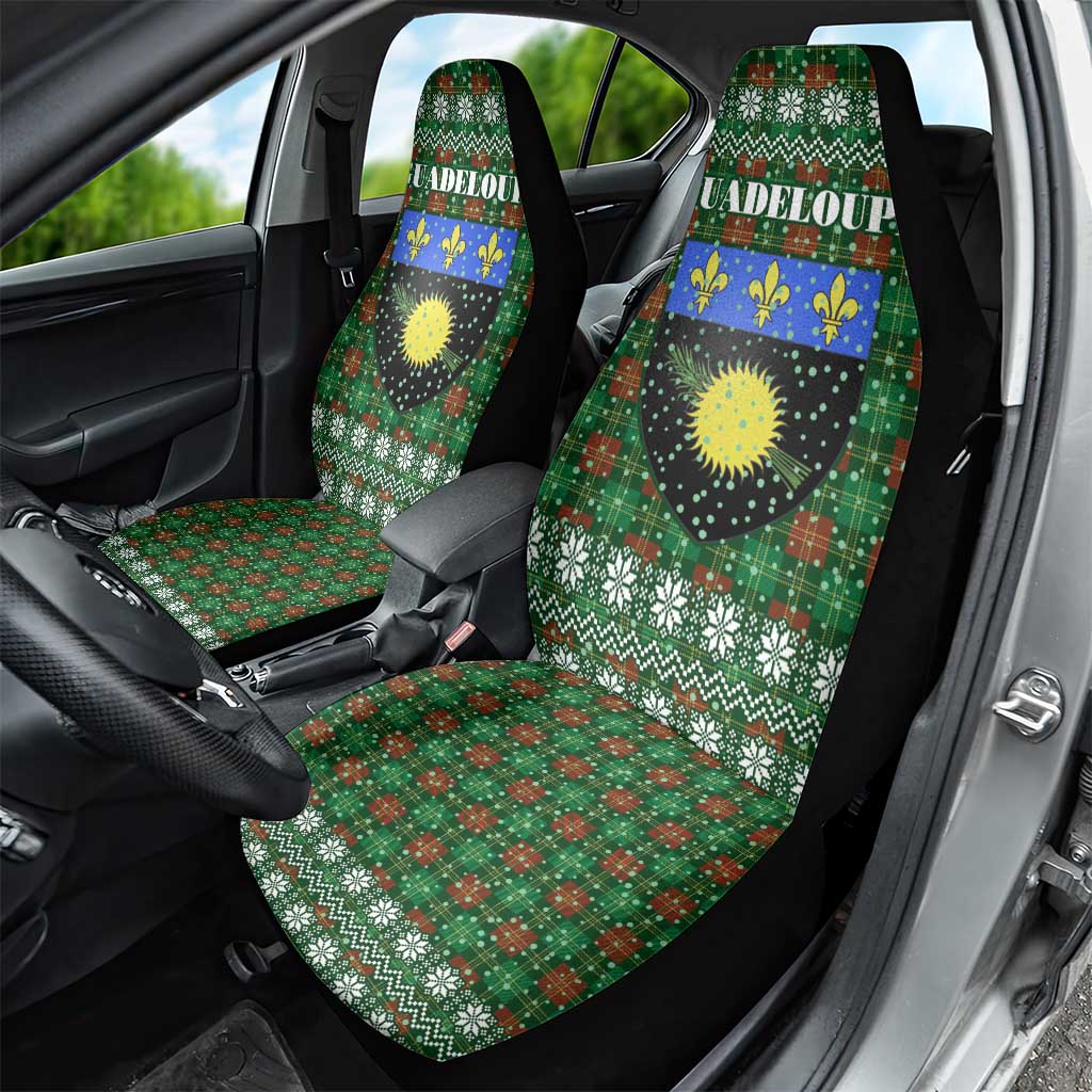 Guadeloupe Christmas Car Seat Cover with Green-Red Plaid Design, Sun and Sugarcane Emblem, and Santa Sleigh Motif - Wonder Print Shop