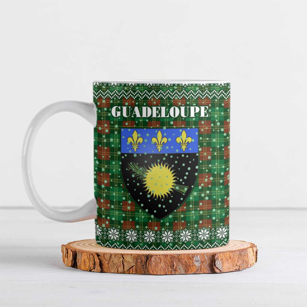 Guadeloupe Christmas Ceramic Mug with Green-Red Plaid Design, Sun and Sugarcane Emblem, and Santa Sleigh Motif - Wonder Print Shop