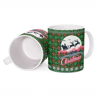Guadeloupe Christmas Ceramic Mug with Green-Red Plaid Design, Sun and Sugarcane Emblem, and Santa Sleigh Motif - Wonder Print Shop