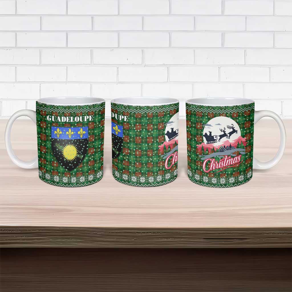 Guadeloupe Christmas Ceramic Mug with Green-Red Plaid Design, Sun and Sugarcane Emblem, and Santa Sleigh Motif - Wonder Print Shop