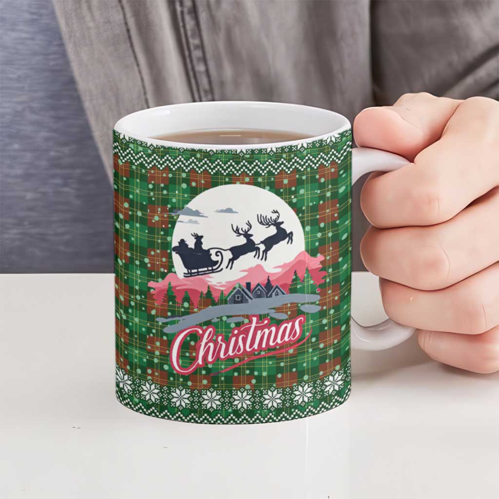 Guadeloupe Christmas Ceramic Mug with Green-Red Plaid Design, Sun and Sugarcane Emblem, and Santa Sleigh Motif - Wonder Print Shop