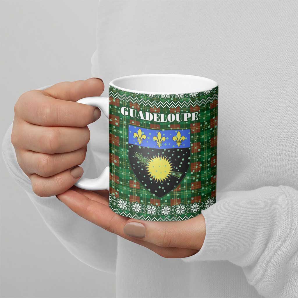 Guadeloupe Christmas Ceramic Mug with Green-Red Plaid Design, Sun and Sugarcane Emblem, and Santa Sleigh Motif - Wonder Print Shop