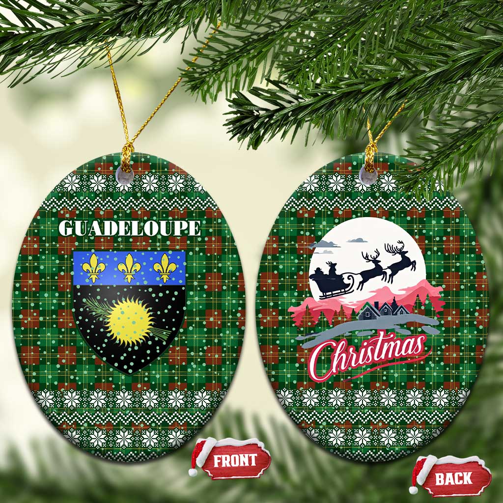 Guadeloupe Christmas Ceramic Ornament with Green-Red Plaid Design, Sun and Sugarcane Emblem, and Santa Sleigh Motif - Wonder Print Shop