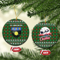 Guadeloupe Christmas Ceramic Ornament with Green-Red Plaid Design, Sun and Sugarcane Emblem, and Santa Sleigh Motif - Wonder Print Shop