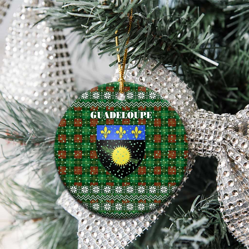 Guadeloupe Christmas Ceramic Ornament with Green-Red Plaid Design, Sun and Sugarcane Emblem, and Santa Sleigh Motif - Wonder Print Shop