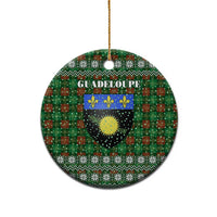 Guadeloupe Christmas Ceramic Ornament with Green-Red Plaid Design, Sun and Sugarcane Emblem, and Santa Sleigh Motif - Wonder Print Shop