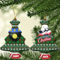 Guadeloupe Christmas Ceramic Ornament with Green-Red Plaid Design, Sun and Sugarcane Emblem, and Santa Sleigh Motif - Wonder Print Shop