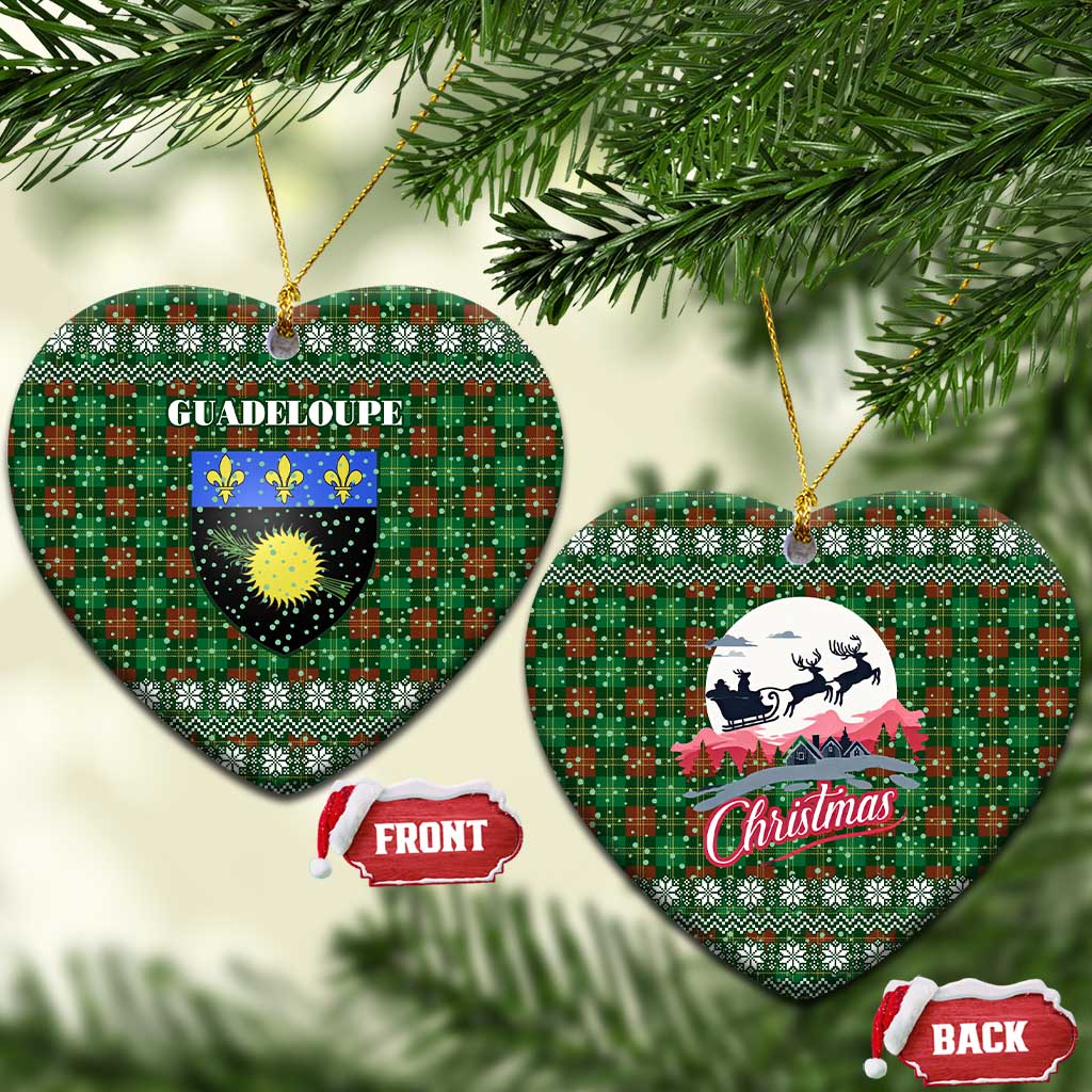 Guadeloupe Christmas Ceramic Ornament with Green-Red Plaid Design, Sun and Sugarcane Emblem, and Santa Sleigh Motif - Wonder Print Shop