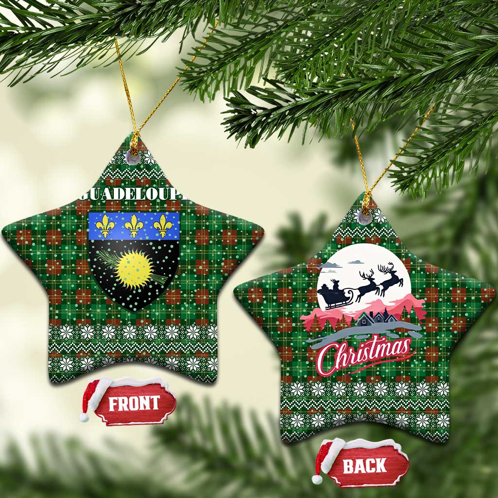 Guadeloupe Christmas Ceramic Ornament with Green-Red Plaid Design, Sun and Sugarcane Emblem, and Santa Sleigh Motif - Wonder Print Shop