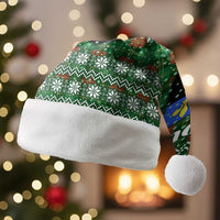 Guadeloupe Christmas Santa Hat with Green-Red Plaid Design, Sun and Sugarcane Emblem, and Santa Sleigh Motif - Wonder Print Shop
