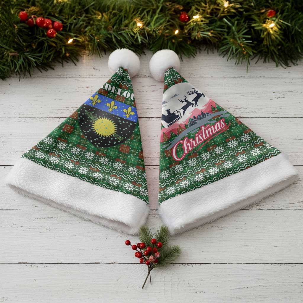 Guadeloupe Christmas Santa Hat with Green-Red Plaid Design, Sun and Sugarcane Emblem, and Santa Sleigh Motif - Wonder Print Shop