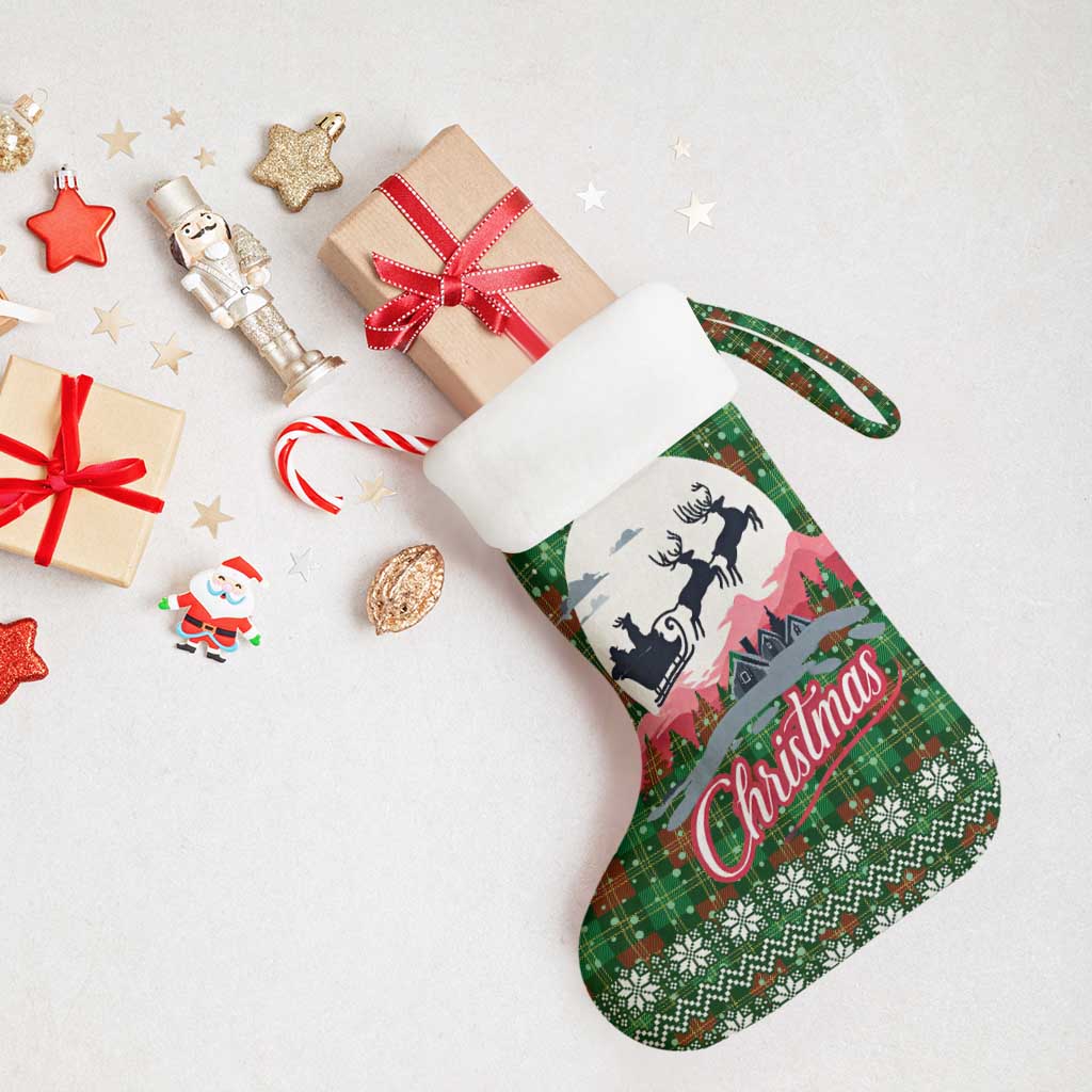 Guadeloupe Christmas Stocking with Green-Red Plaid Design, Sun and Sugarcane Emblem, and Santa Sleigh Motif - Wonder Print Shop