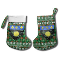 Guadeloupe Christmas Stocking with Green-Red Plaid Design, Sun and Sugarcane Emblem, and Santa Sleigh Motif - Wonder Print Shop