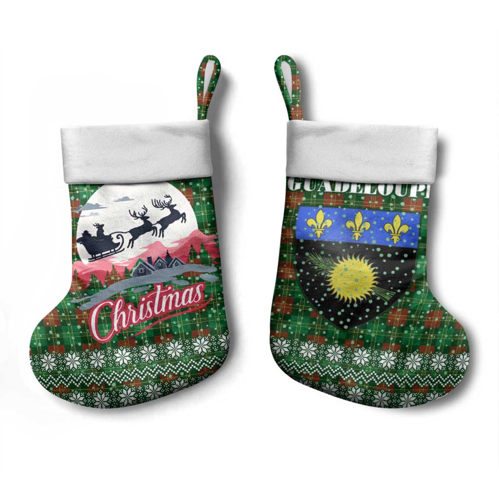 Guadeloupe Christmas Stocking with Green-Red Plaid Design, Sun and Sugarcane Emblem, and Santa Sleigh Motif - Wonder Print Shop