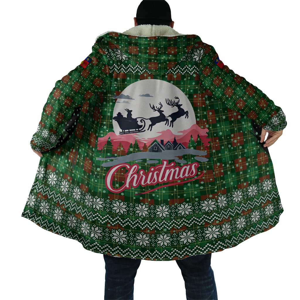 Guadeloupe Christmas Cloak with Green-Red Plaid Design, Sun and Sugarcane Emblem, and Santa Sleigh Motif - Wonder Print Shop