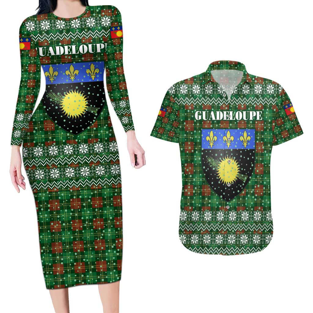 Guadeloupe Christmas Couples Matching Long Sleeve Bodycon Dress and Hawaiian Shirt with Green-Red Plaid Design, Sun and Sugarcane Emblem, and Santa Sleigh Motif - Wonder Print Shop