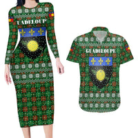Guadeloupe Christmas Couples Matching Long Sleeve Bodycon Dress and Hawaiian Shirt with Green-Red Plaid Design, Sun and Sugarcane Emblem, and Santa Sleigh Motif - Wonder Print Shop