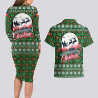 Guadeloupe Christmas Couples Matching Long Sleeve Bodycon Dress and Hawaiian Shirt with Green-Red Plaid Design, Sun and Sugarcane Emblem, and Santa Sleigh Motif - Wonder Print Shop