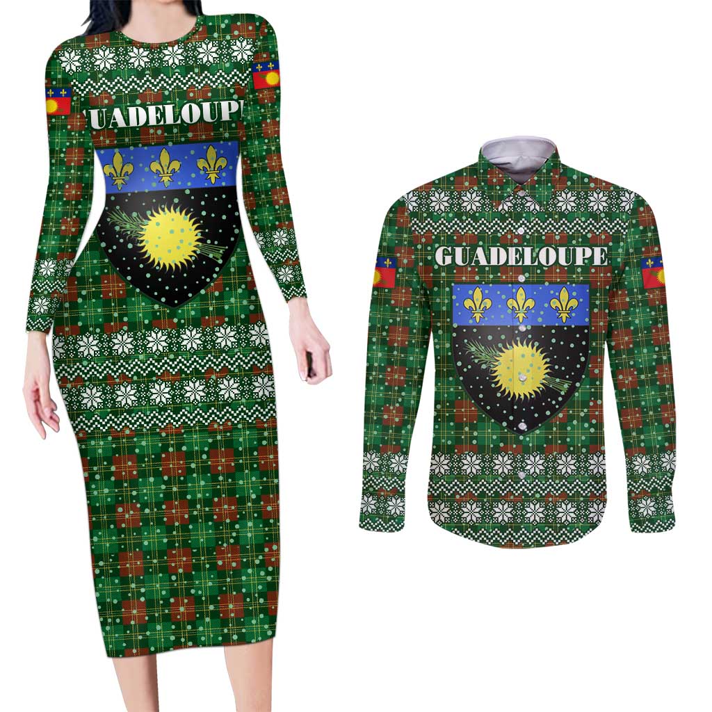 Guadeloupe Christmas Couples Matching Long Sleeve Bodycon Dress and Long Sleeve Button Shirt with Green-Red Plaid Design, Sun and Sugarcane Emblem, and Santa Sleigh Motif - Wonder Print Shop