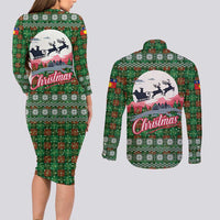 Guadeloupe Christmas Couples Matching Long Sleeve Bodycon Dress and Long Sleeve Button Shirt with Green-Red Plaid Design, Sun and Sugarcane Emblem, and Santa Sleigh Motif - Wonder Print Shop