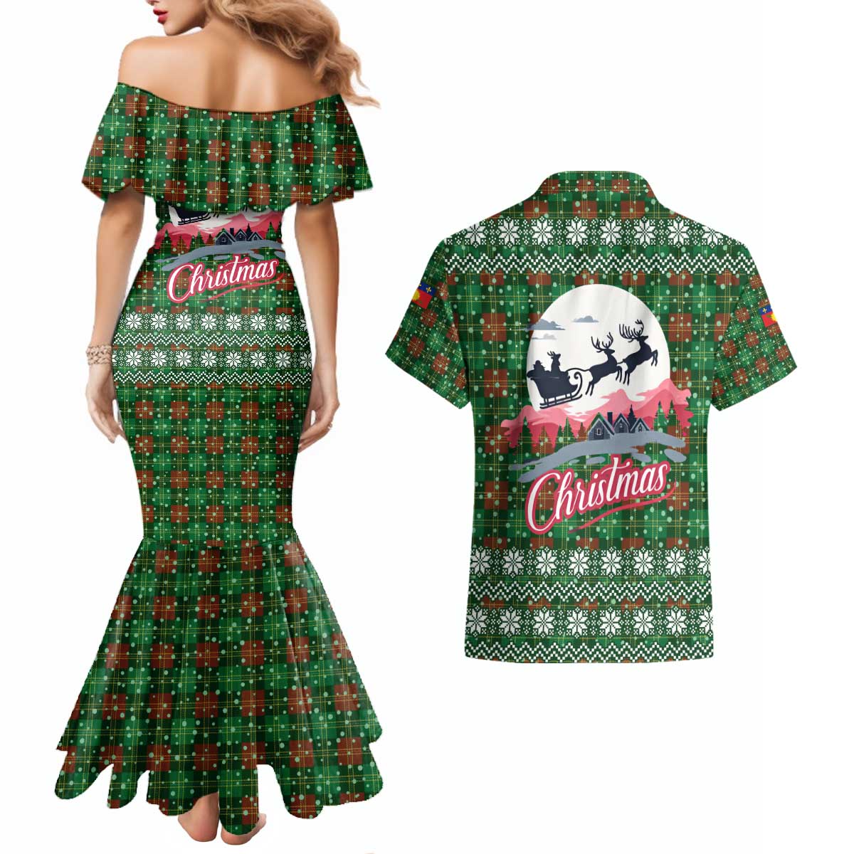Guadeloupe Christmas Couples Matching Mermaid Dress and Hawaiian Shirt with Green-Red Plaid Design, Sun and Sugarcane Emblem, and Santa Sleigh Motif - Wonder Print Shop
