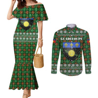 Guadeloupe Christmas Couples Matching Mermaid Dress and Long Sleeve Button Shirt with Green-Red Plaid Design, Sun and Sugarcane Emblem, and Santa Sleigh Motif - Wonder Print Shop