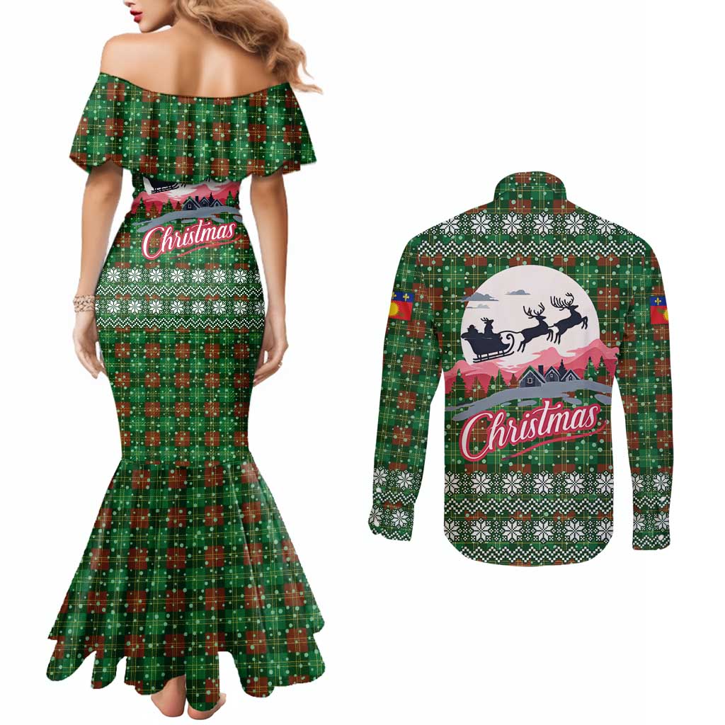 Guadeloupe Christmas Couples Matching Mermaid Dress and Long Sleeve Button Shirt with Green-Red Plaid Design, Sun and Sugarcane Emblem, and Santa Sleigh Motif - Wonder Print Shop