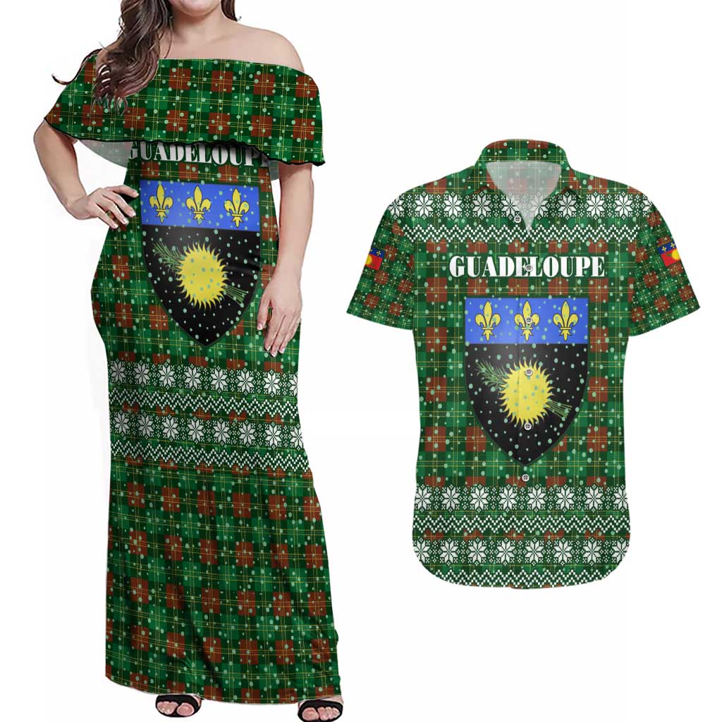 Guadeloupe Christmas Couples Matching Off Shoulder Maxi Dress and Hawaiian Shirt with Green-Red Plaid Design, Sun and Sugarcane Emblem, and Santa Sleigh Motif - Wonder Print Shop