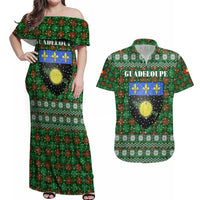 Guadeloupe Christmas Couples Matching Off Shoulder Maxi Dress and Hawaiian Shirt with Green-Red Plaid Design, Sun and Sugarcane Emblem, and Santa Sleigh Motif - Wonder Print Shop