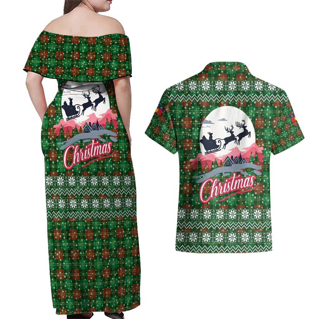 Guadeloupe Christmas Couples Matching Off Shoulder Maxi Dress and Hawaiian Shirt with Green-Red Plaid Design, Sun and Sugarcane Emblem, and Santa Sleigh Motif - Wonder Print Shop