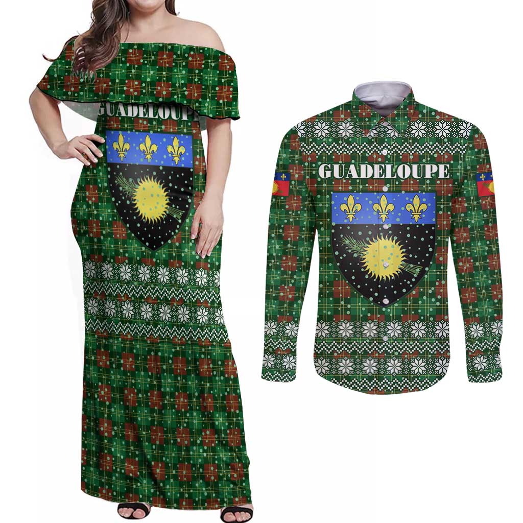 Guadeloupe Christmas Couples Matching Off Shoulder Maxi Dress and Long Sleeve Button Shirt with Green-Red Plaid Design, Sun and Sugarcane Emblem, and Santa Sleigh Motif - Wonder Print Shop