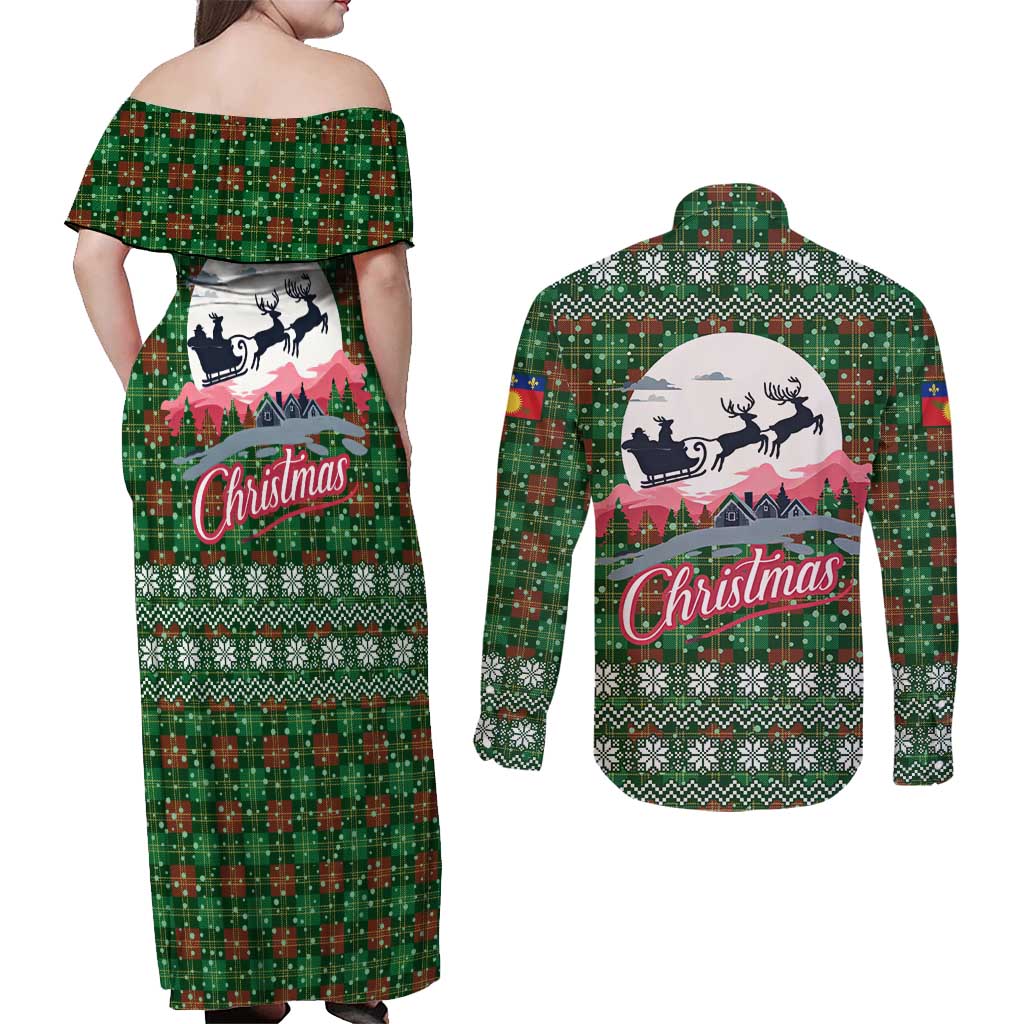 Guadeloupe Christmas Couples Matching Off Shoulder Maxi Dress and Long Sleeve Button Shirt with Green-Red Plaid Design, Sun and Sugarcane Emblem, and Santa Sleigh Motif - Wonder Print Shop