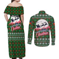 Guadeloupe Christmas Couples Matching Off Shoulder Maxi Dress and Long Sleeve Button Shirt with Green-Red Plaid Design, Sun and Sugarcane Emblem, and Santa Sleigh Motif - Wonder Print Shop