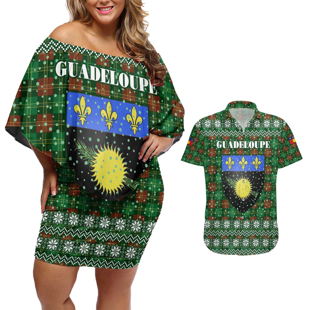 Guadeloupe Christmas Couples Matching Off Shoulder Short Dress and Hawaiian Shirt with Green-Red Plaid Design, Sun and Sugarcane Emblem, and Santa Sleigh Motif - Wonder Print Shop