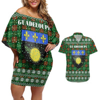 Guadeloupe Christmas Couples Matching Off Shoulder Short Dress and Hawaiian Shirt with Green-Red Plaid Design, Sun and Sugarcane Emblem, and Santa Sleigh Motif - Wonder Print Shop