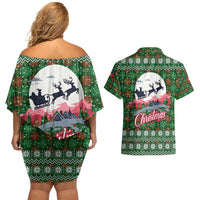 Guadeloupe Christmas Couples Matching Off Shoulder Short Dress and Hawaiian Shirt with Green-Red Plaid Design, Sun and Sugarcane Emblem, and Santa Sleigh Motif - Wonder Print Shop
