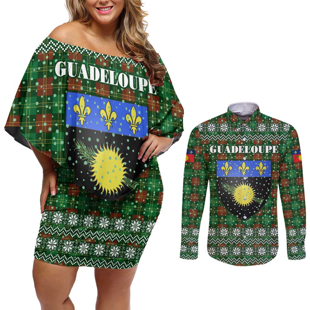 Guadeloupe Christmas Couples Matching Off Shoulder Short Dress and Long Sleeve Button Shirt with Green-Red Plaid Design, Sun and Sugarcane Emblem, and Santa Sleigh Motif - Wonder Print Shop