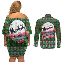 Guadeloupe Christmas Couples Matching Off Shoulder Short Dress and Long Sleeve Button Shirt with Green-Red Plaid Design, Sun and Sugarcane Emblem, and Santa Sleigh Motif - Wonder Print Shop