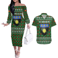Guadeloupe Christmas Couples Matching Off The Shoulder Long Sleeve Dress and Hawaiian Shirt with Green-Red Plaid Design, Sun and Sugarcane Emblem, and Santa Sleigh Motif - Wonder Print Shop